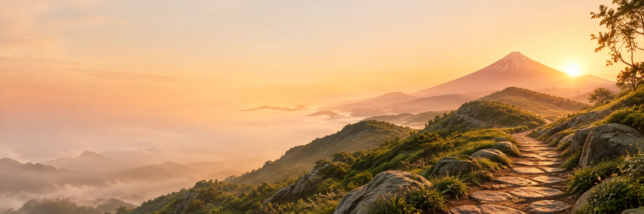 A winding path through sunlit hills
