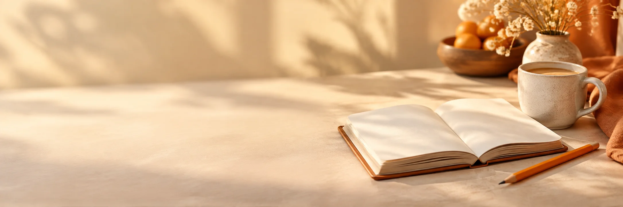 An open notebook, pencil and coffee ready for a conversation