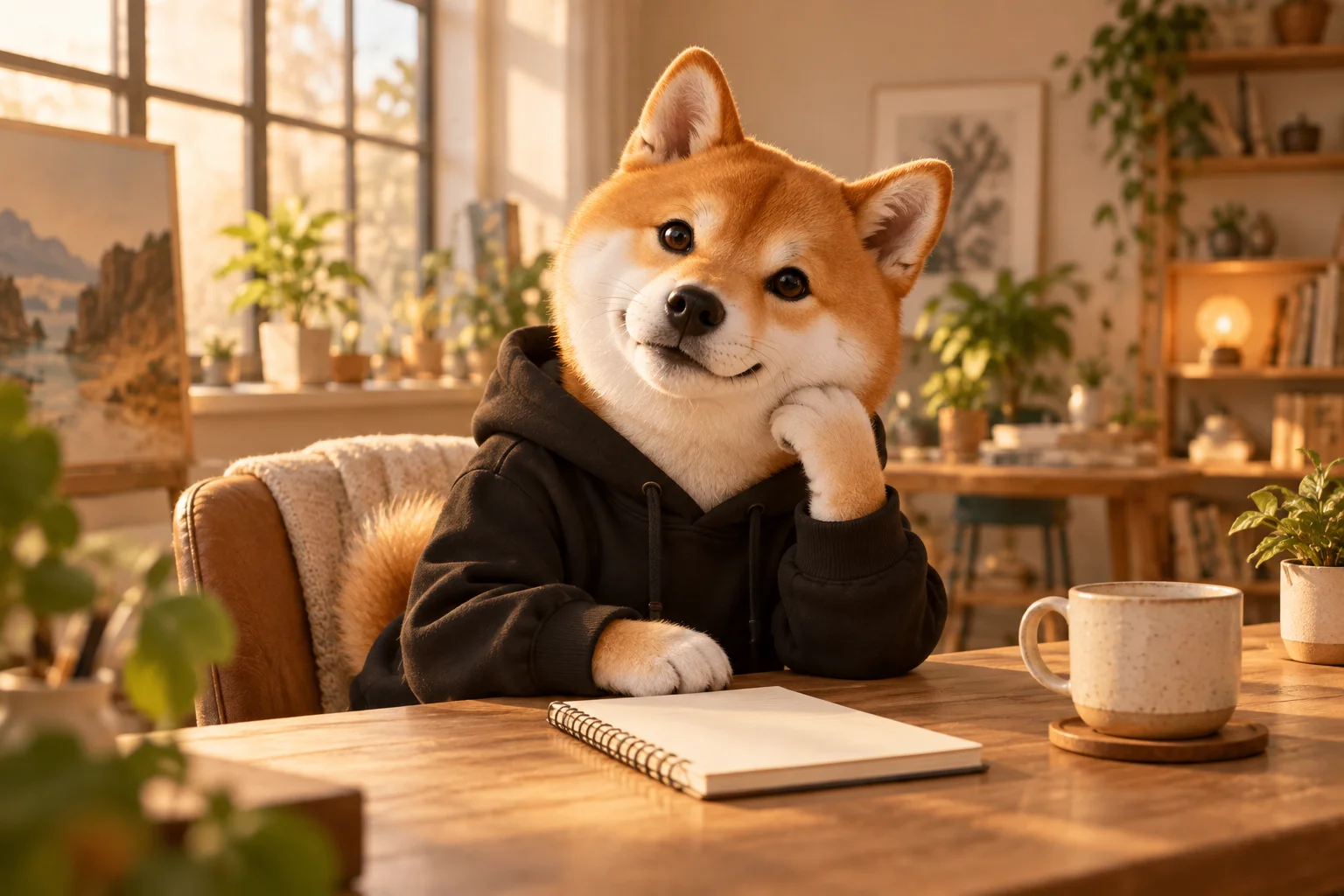 The SHIBAIO mascot listening at a table with a notebook and coffee