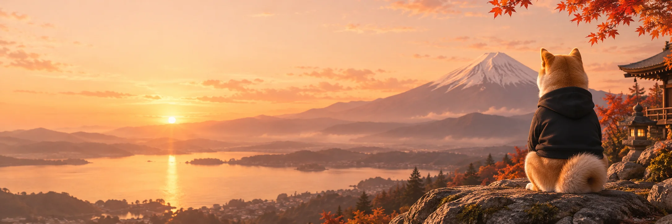 A Shiba Inu watching the sunset over Mount Fuji