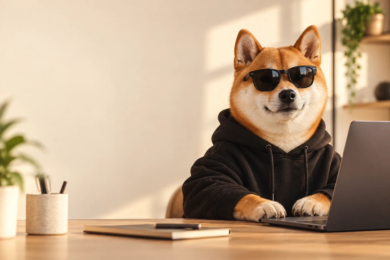SHIBAIO’s Shiba Inu mascot in a black hoodie and sunglasses at a creative studio desk
